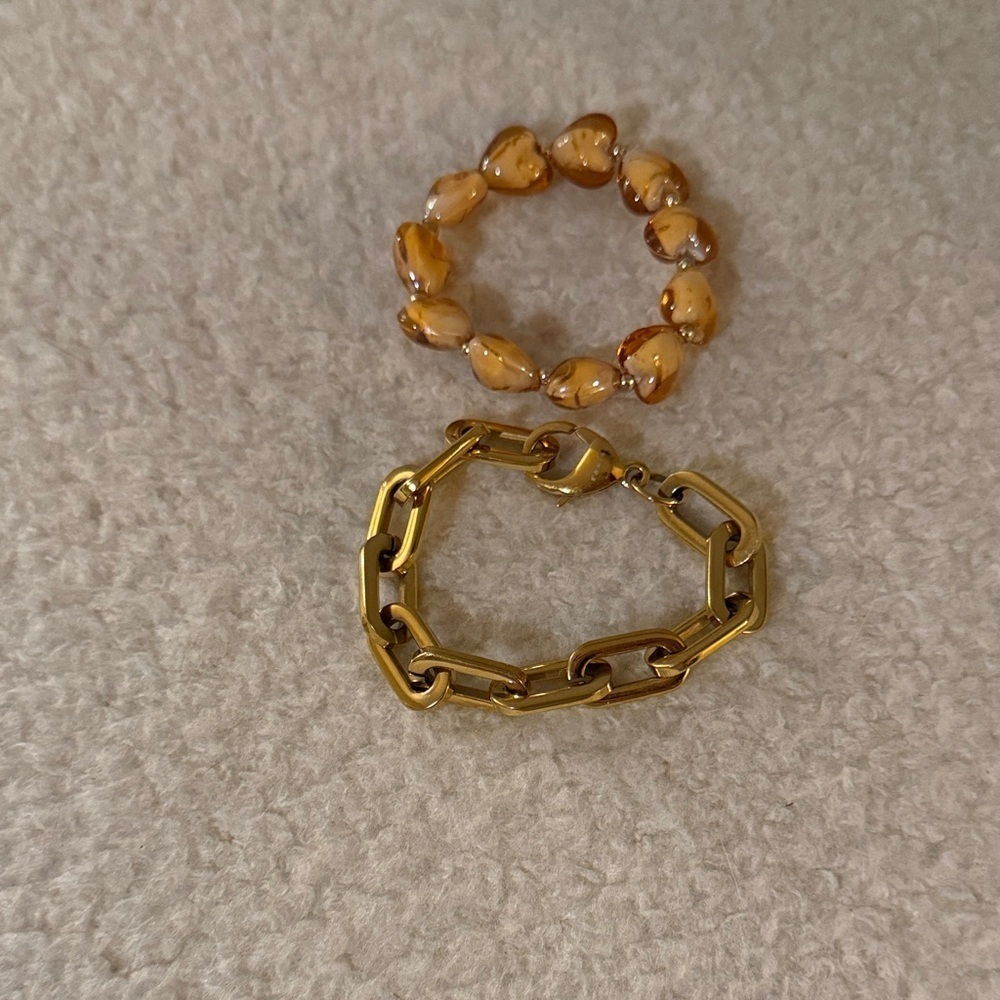 Evereve Chunky Gold Link and Peach Heart Bracelet set